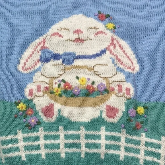 Vintage Easter Bunny Blue Knit Cottagecore Sweater Size Small - Picture 3 of 6